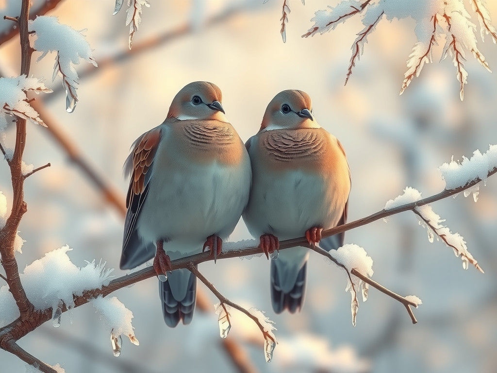 Serene Turtle Doves on Winter Branch in Rackham Style