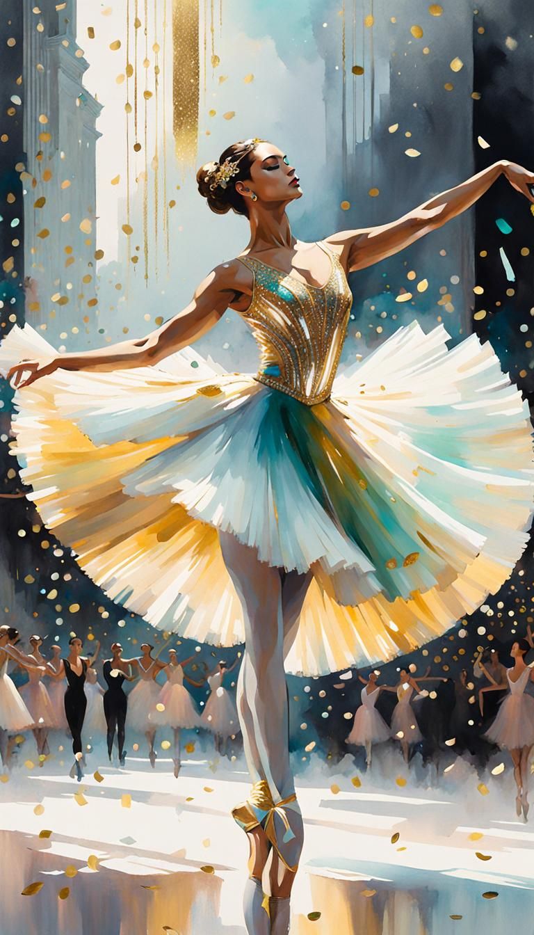 Ballet Dancer in Watercolor with Gold Confetti