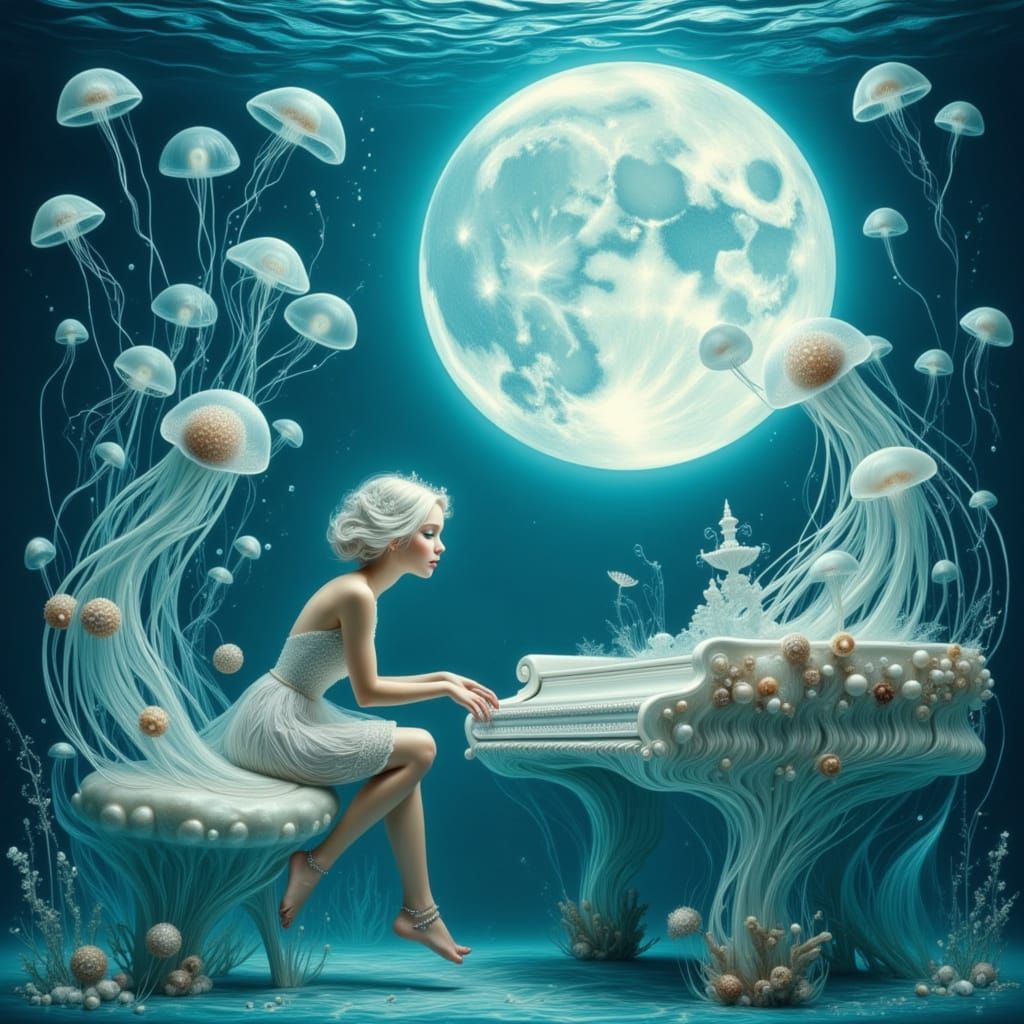 Mystical Oceanic Siren on Piano in Underwater Arcadia