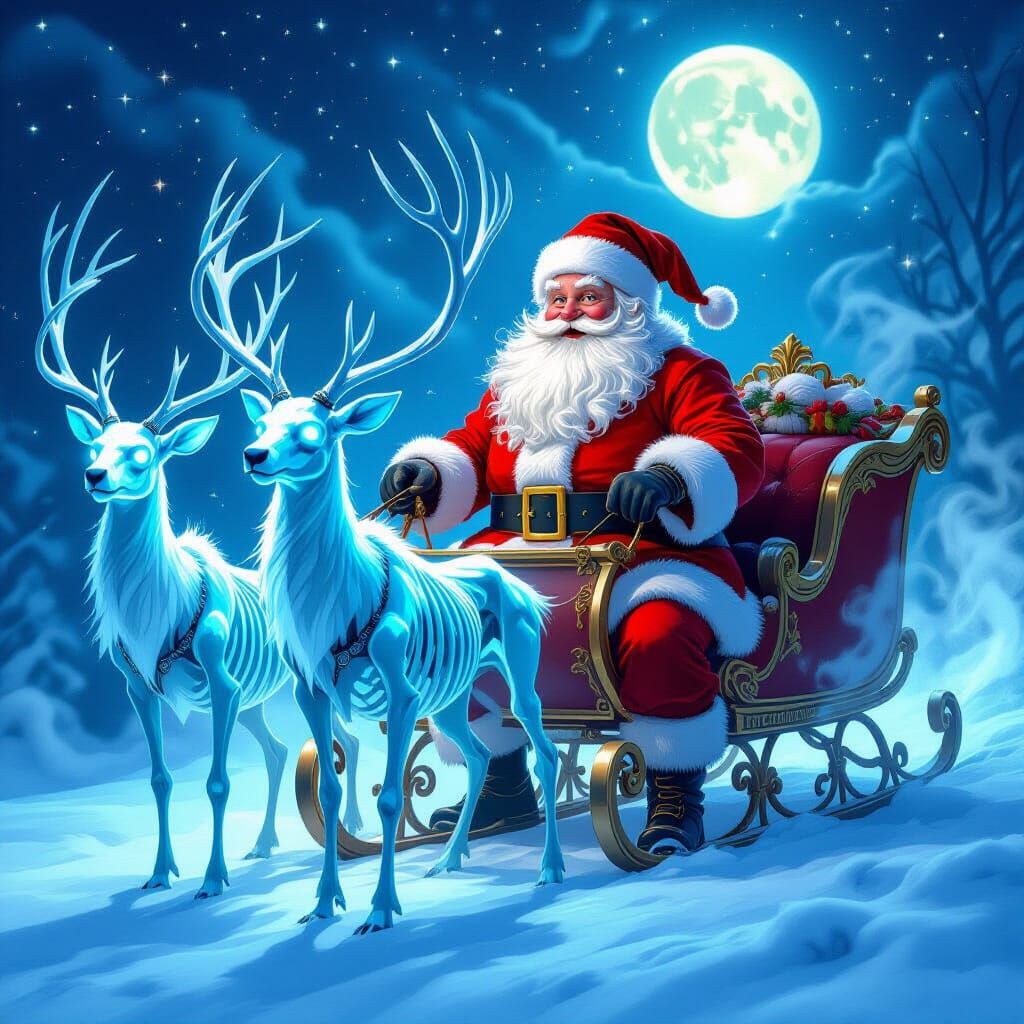 Santa Claus and Skeleton Reindeer in Dark Fantasy Style