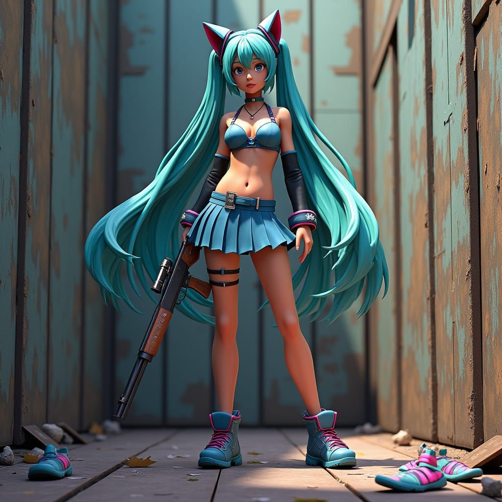 Hatsune Miku with Shotgun on Fortnite Ramp