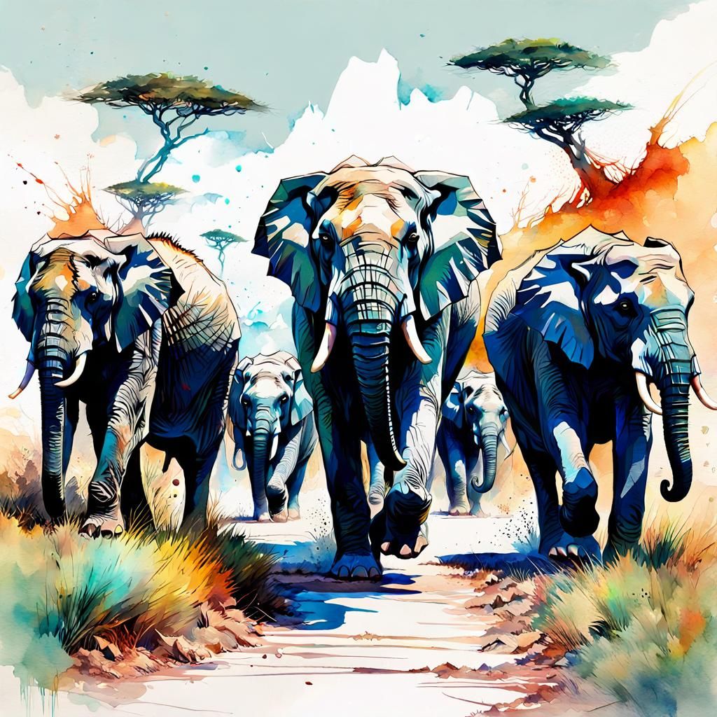 Elephants Running: Digital Watercolor Illustration