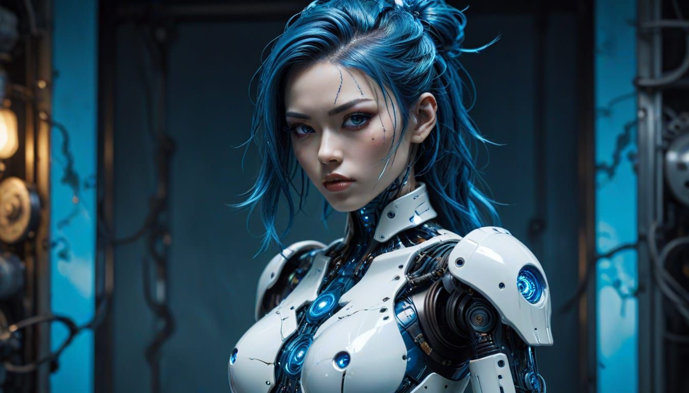 Japanese Gynoid Cyborg in Cyberpunk Cityscape