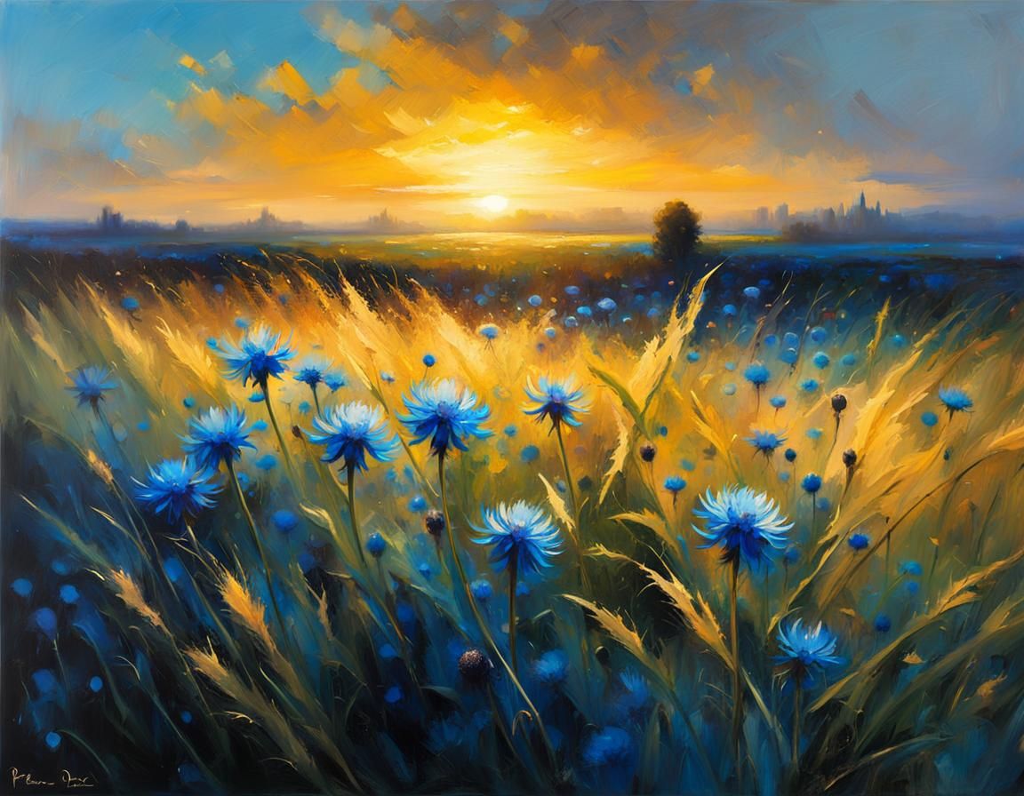 Bioluminescent Cornflower Field at Sunrise, Surreal Oil Pain...