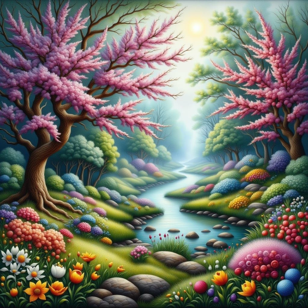 Foggy Forest Landscape in Quilted Embroidery Style