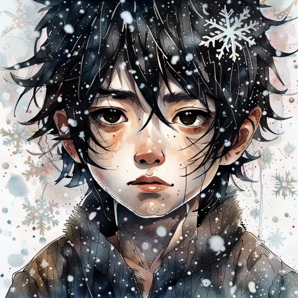 Watercolor Portrait of Japanese Boy in Snow