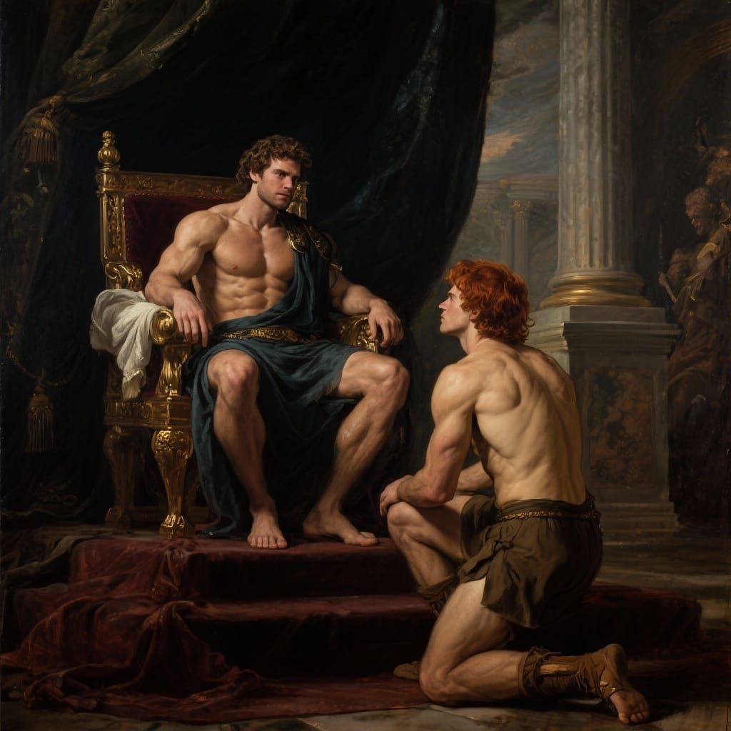 Muscular Greek King Theseus on Throne with Hero Jason