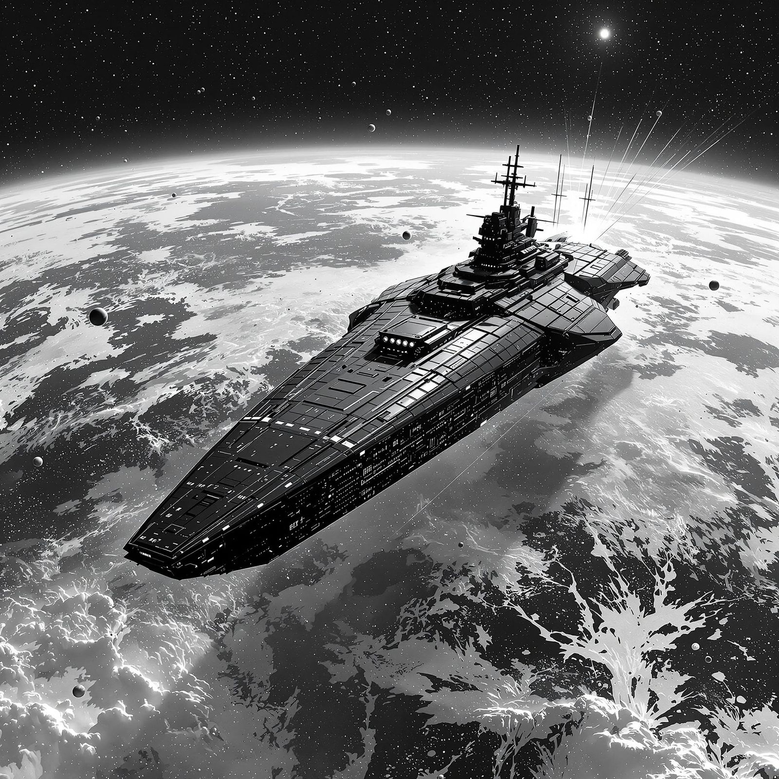 Monochrome Battleship in Space: Pointillist Art