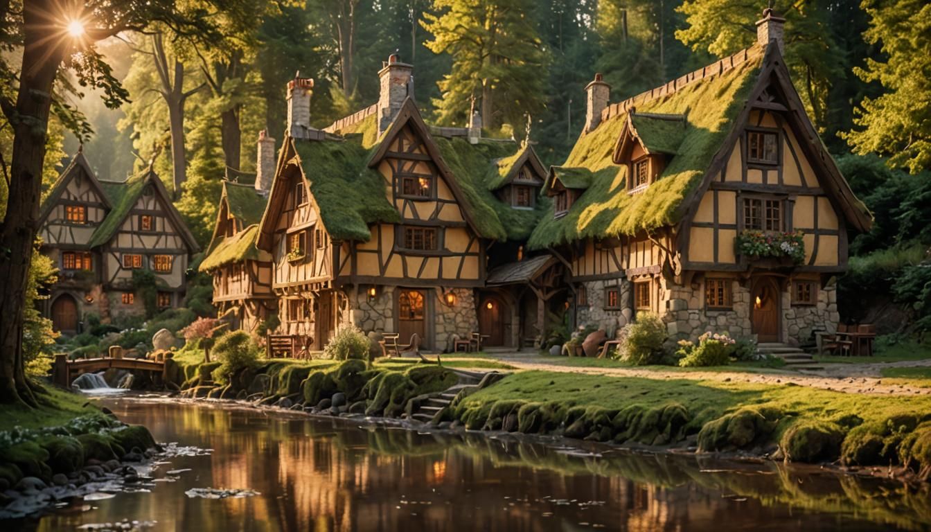 Enchanting Elven Cottages in Forest at Golden Hour