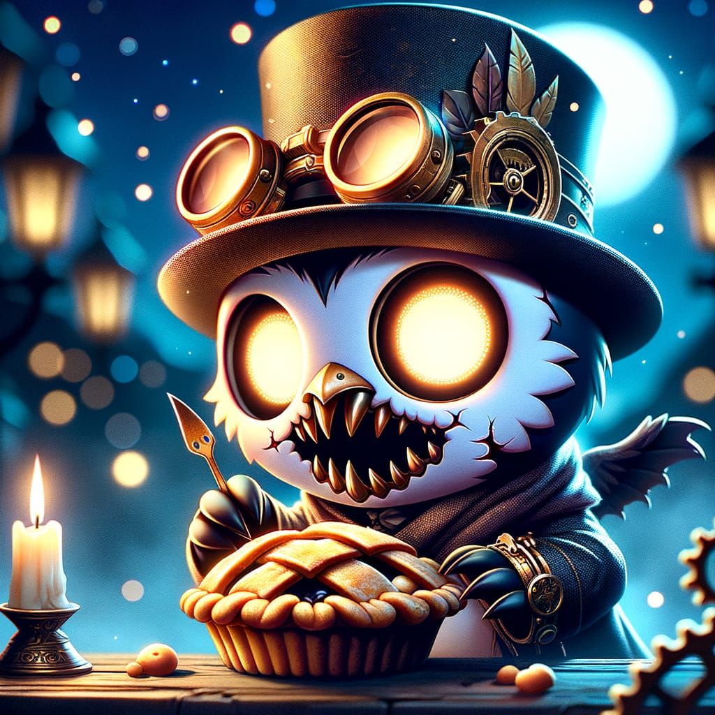 Steampunk Zombie Penguin Stealing Pie at Night