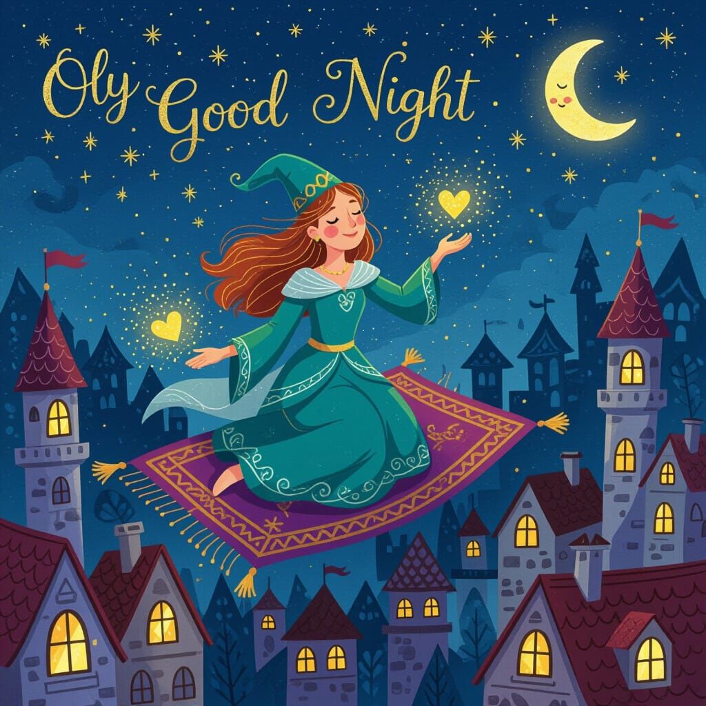 Sorceress Olya Grants Goodnight Wishes Over Cityscape