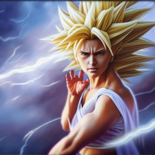 Realistic Super Saiyan Female in Combat, Hyperrealistic Art