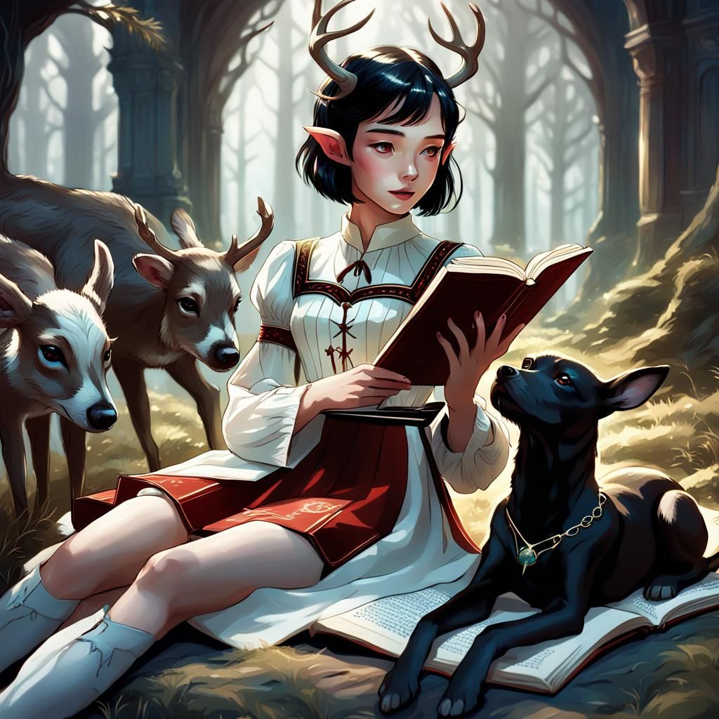Elf Reading Book with Puppy: High Fantasy Art