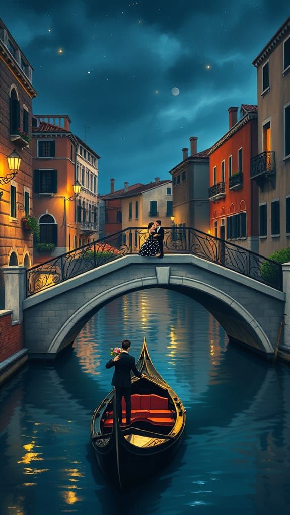 Romantic Evening Scene in Venice with Elegant Couple and Gon...