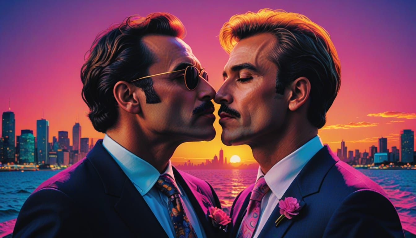 Gay Couple Celebrate 30 Years: Synthwave Photoillustration