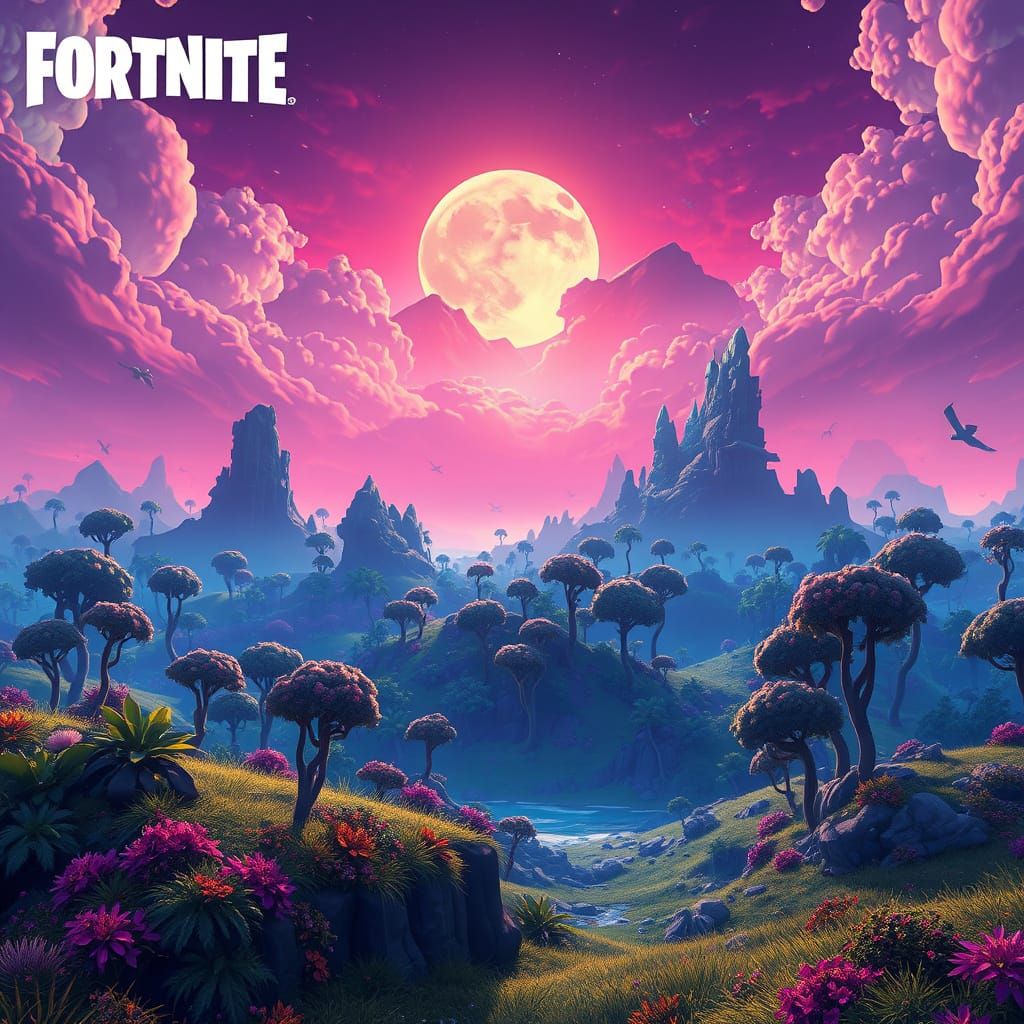Surreal Fortnite Landscape in Vibrant, Stylized Sci-Fi Aesth...