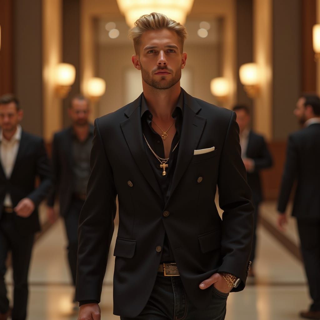 Man in Blazer Walks Through Luxury Hotel Lobby