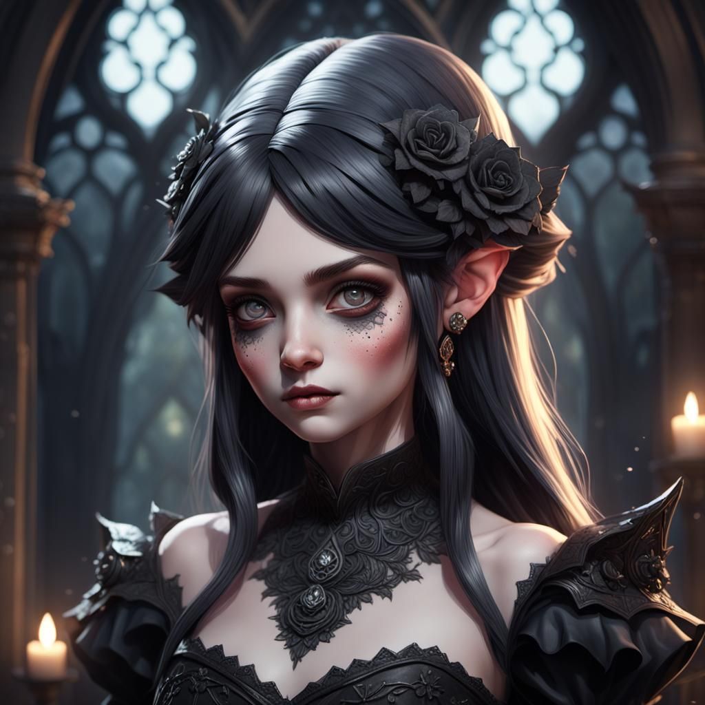 Gothic Gnome in Black Wedding Dress Portrait