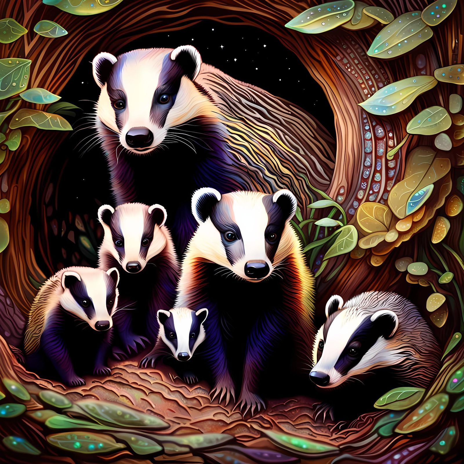 Badger Family Sett: Cosmic Holographic Illustration