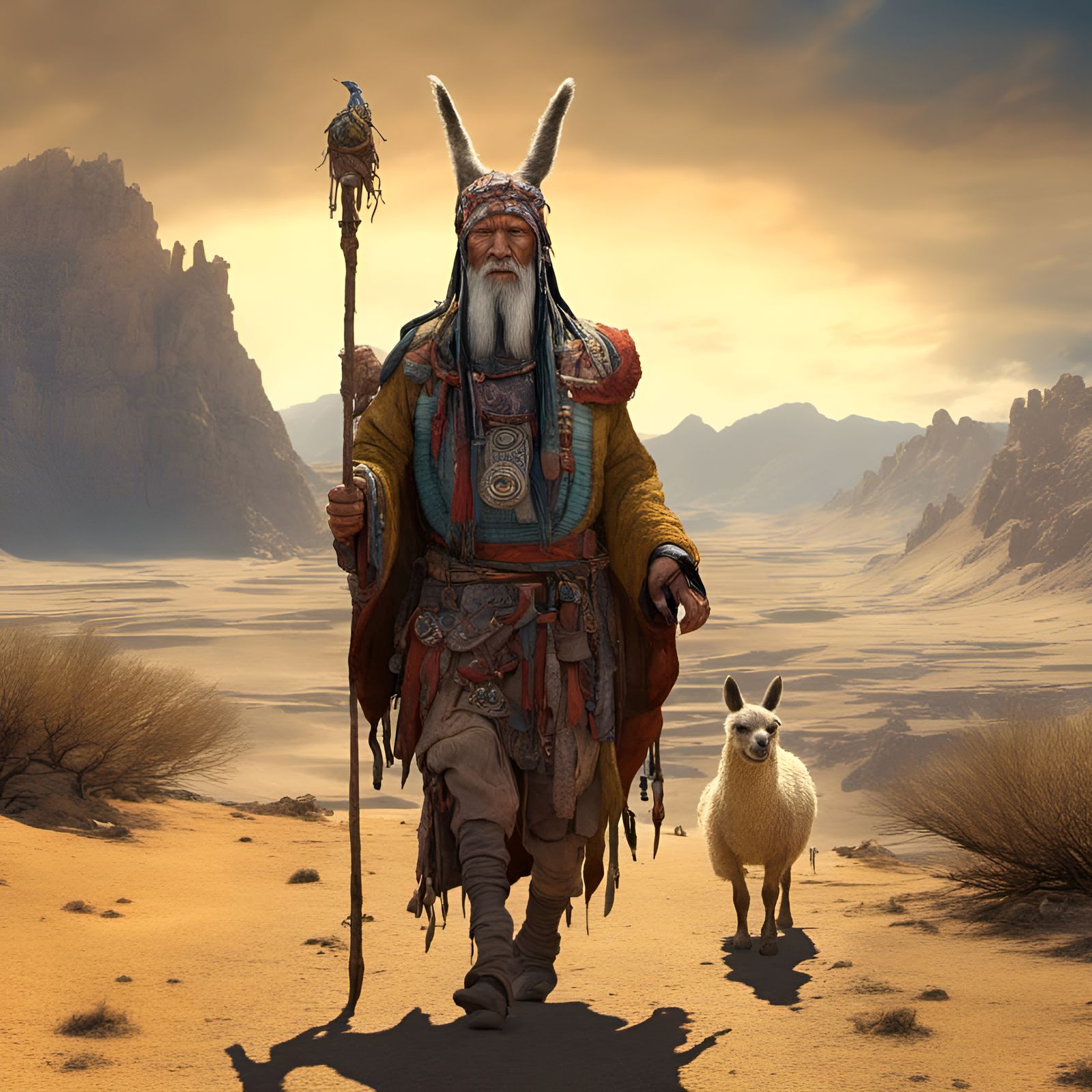 Inca Man and Llama in Barren Landscape