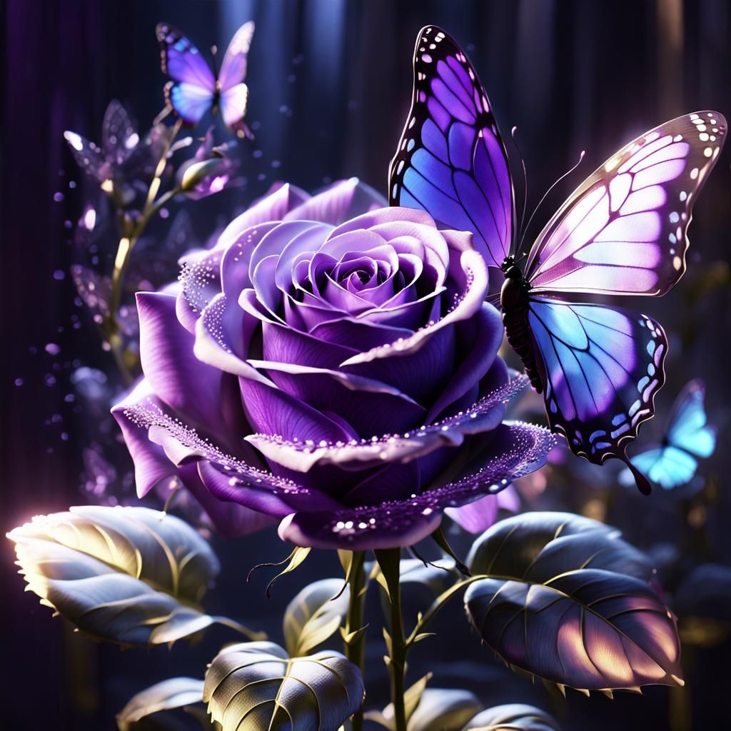 Crystalline Purple Rose and Butterfly in Digital Art