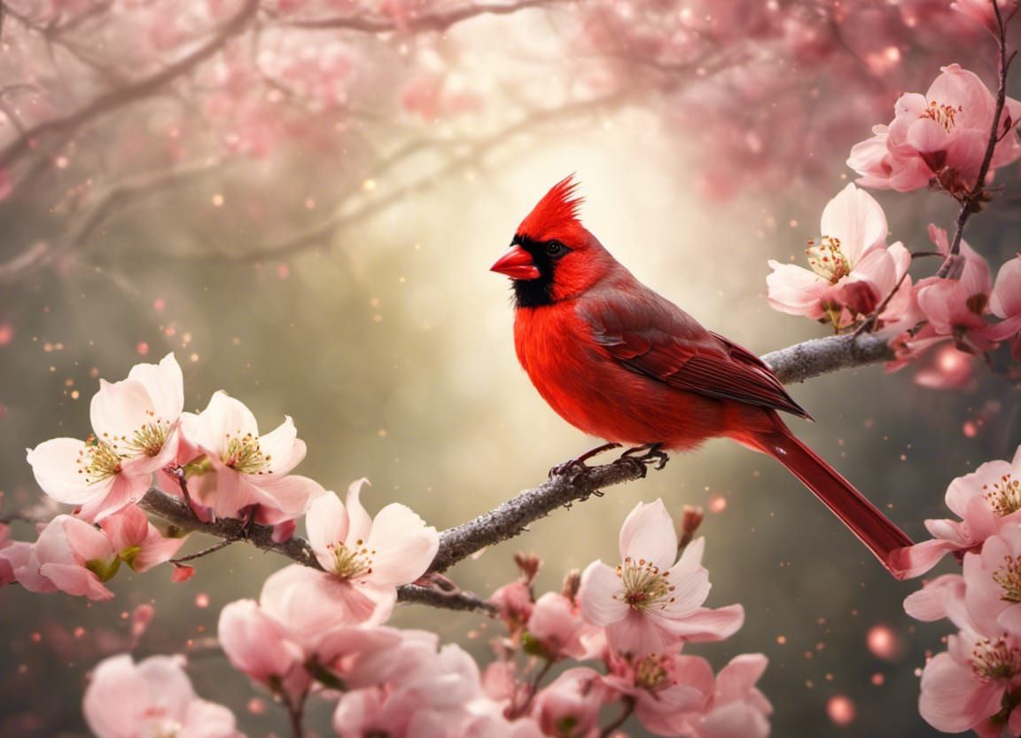 Red Cardinal and Dogwood Blossoms