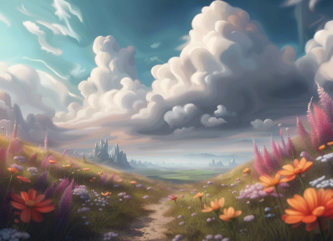 Fantasy Flower Meadow Under Cloudy Sky