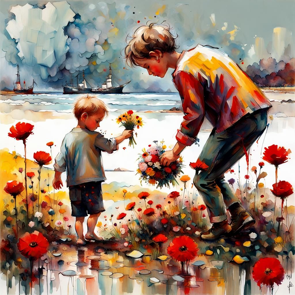 Boy and Cow on Beach in Dark Fantasy Style