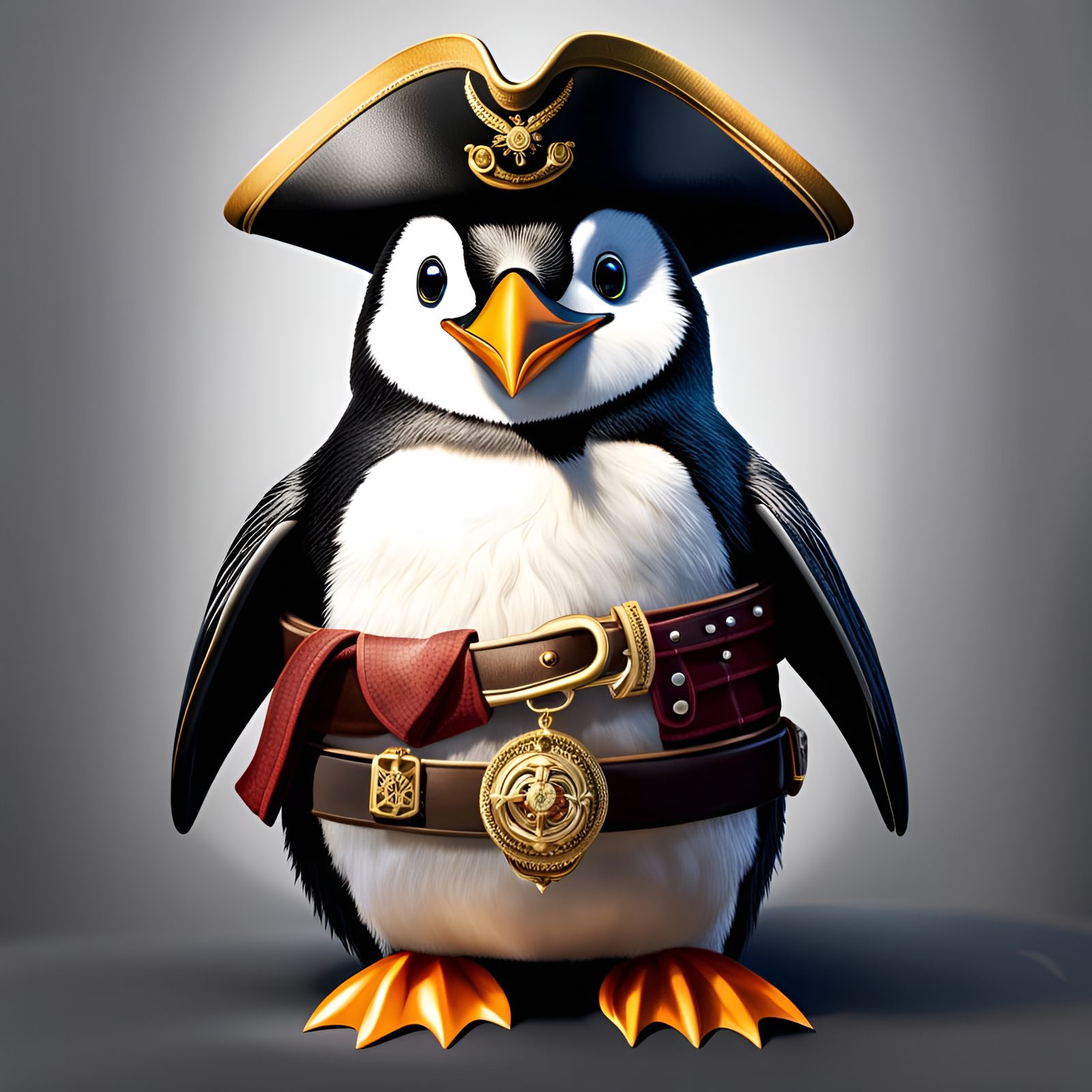 Penguin Pirate Captain on Ship, Hyperrealistic 8K