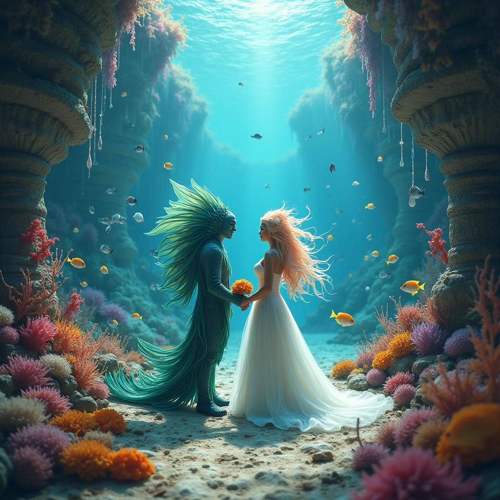 Underwater Fish Wedding in Coral Temple, 8K Art