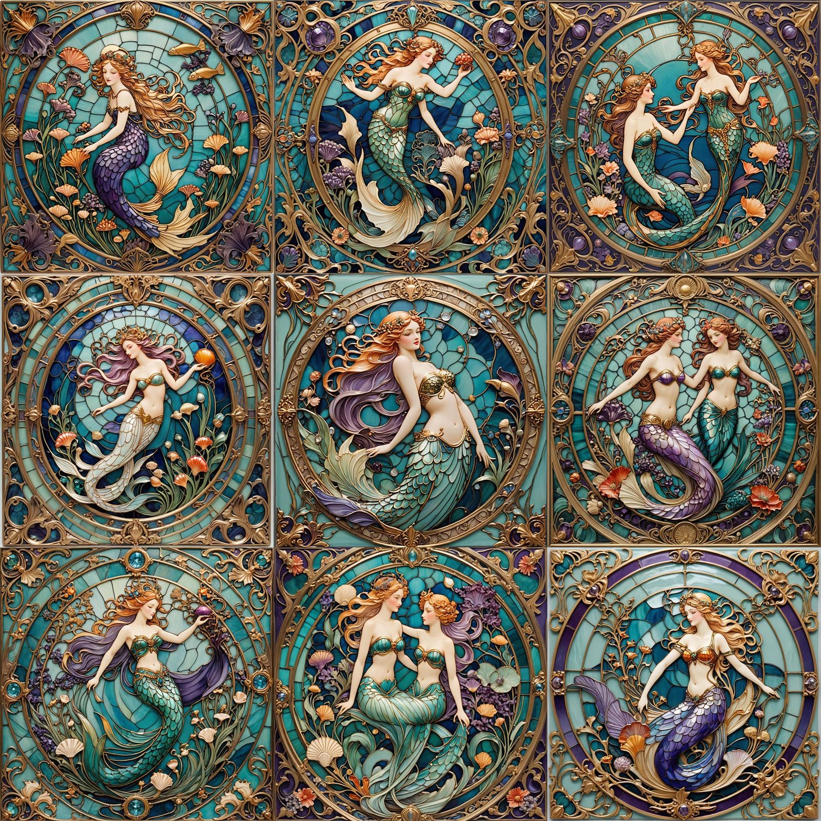 Art Deco Mermaids in Stained Glass Tile Design
