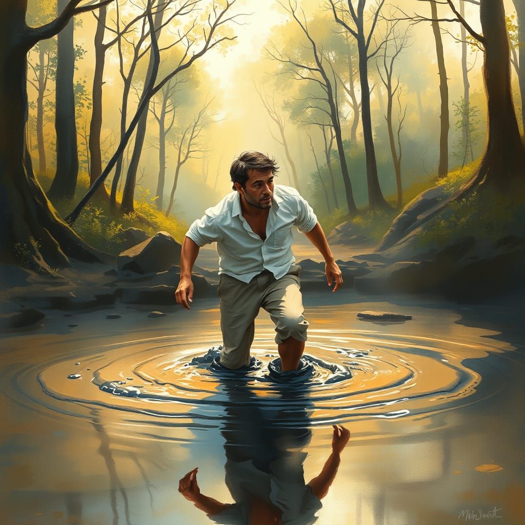 Man Struggling in a Whimsical Tar Pool, Surrounded by a Sun-...