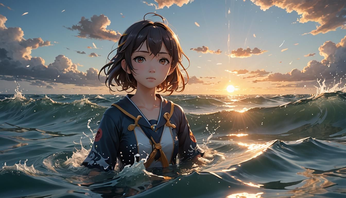 Serene Anime Character in Explosive Sunrise