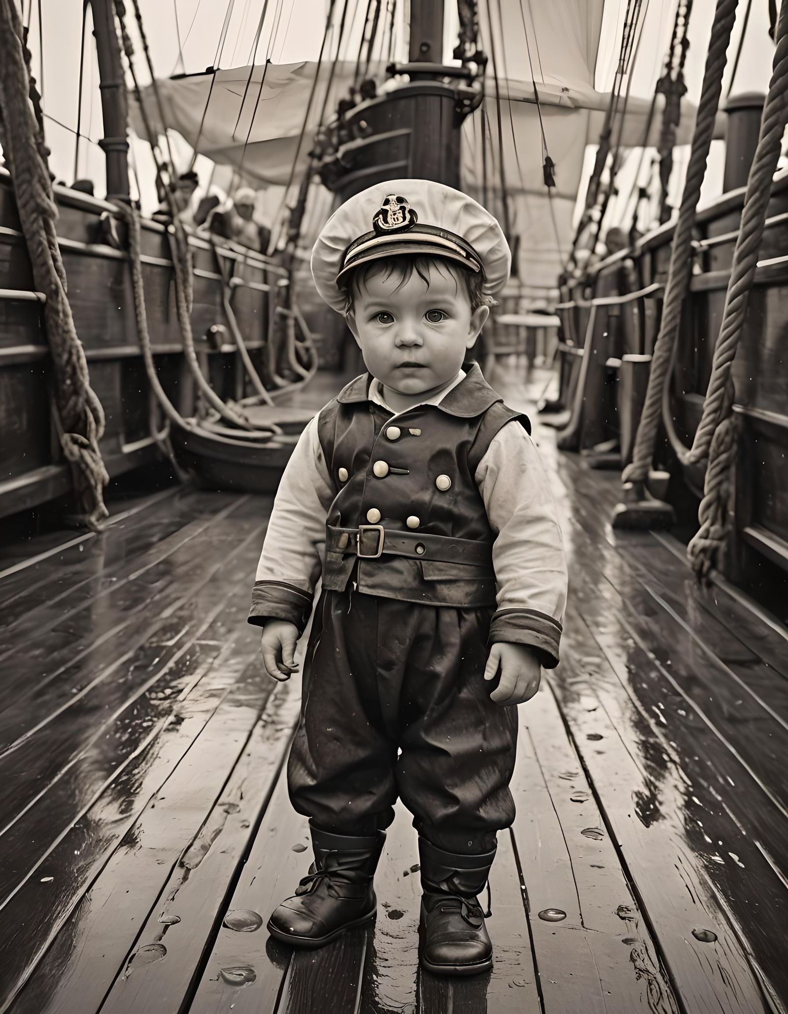 Historic Portrait of Sailing Ship with Sailor and Child