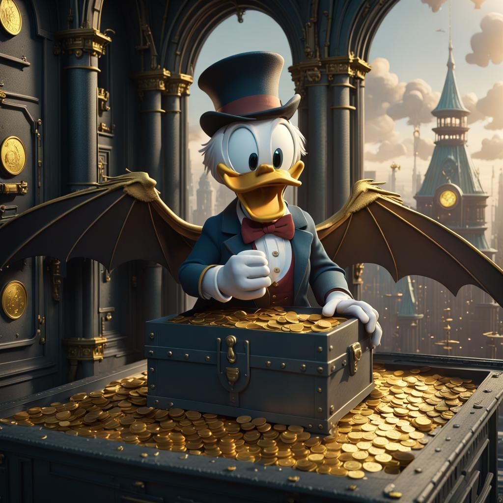 Scrooge McDuck with Wings Overlooking Gold Coins