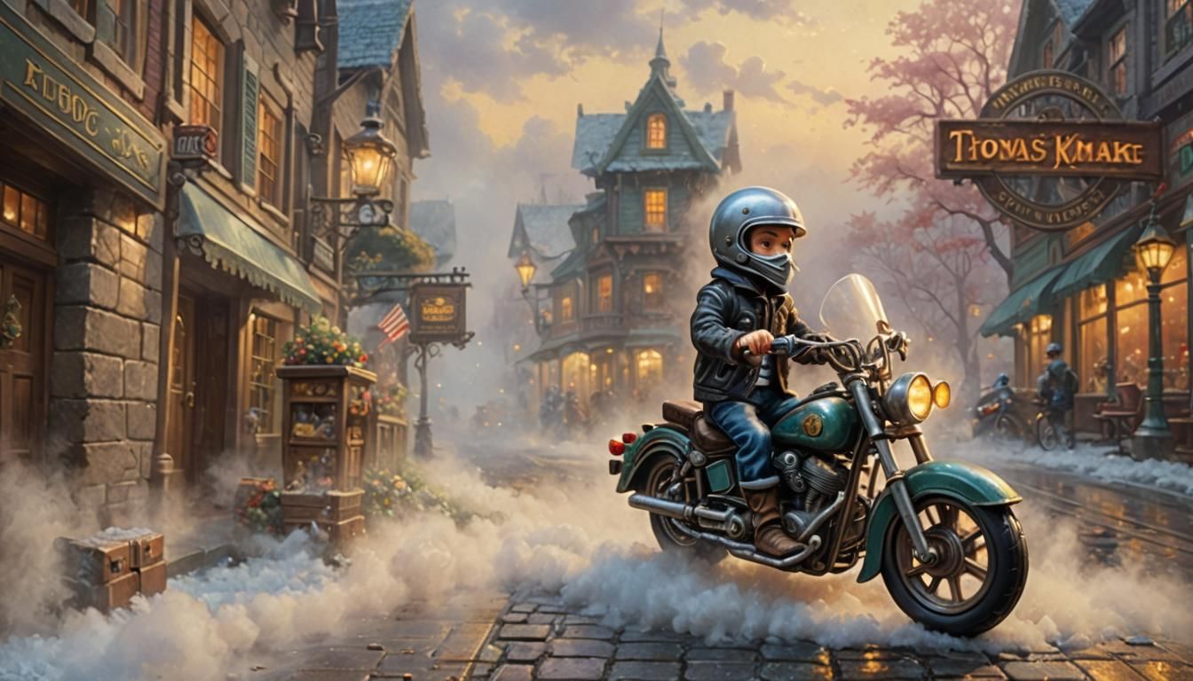 Miniature Biker on Toy Motorcycle in Ethereal Style