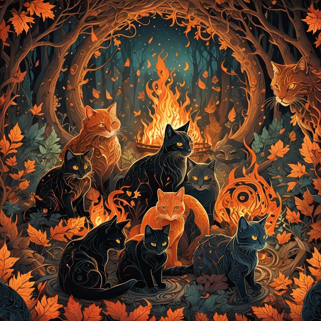 Mystical Forest: Cats Around a Glowing Fire