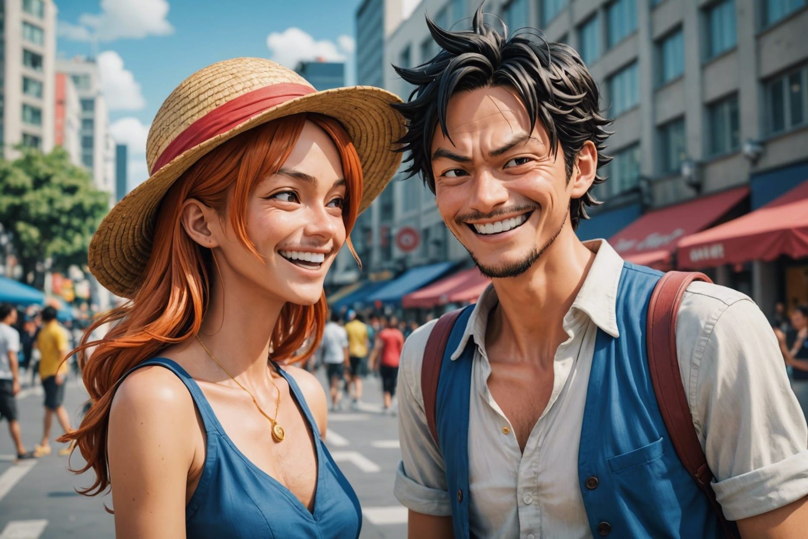 Realistic Luffy and Nami in Modern City
