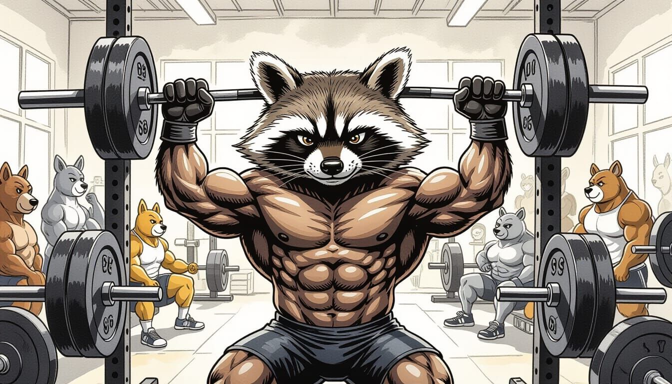 Raccoon Weightlifter in Gym: Ink and Watercolor