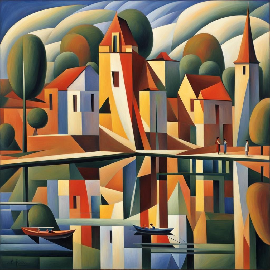 Abstract Cubist School by River Scene