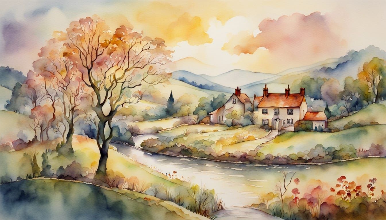 Watercolour Landscape in Folk Art Style