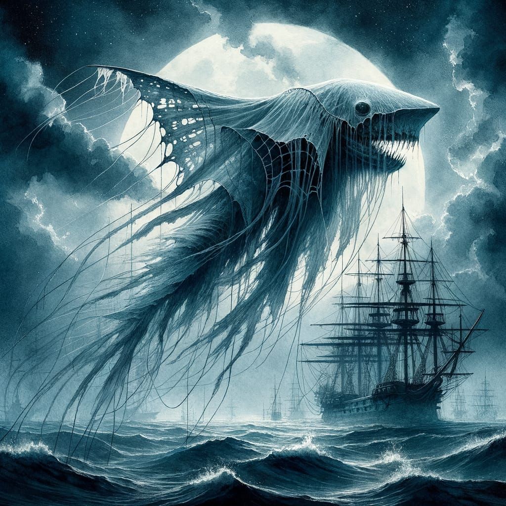 Ghostly Jelly-Shark in Moody Nautical Watercolor