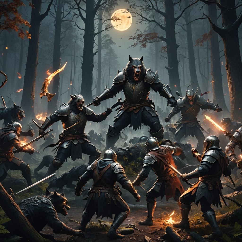 Knights and Werewolves Battle in Dark Forest