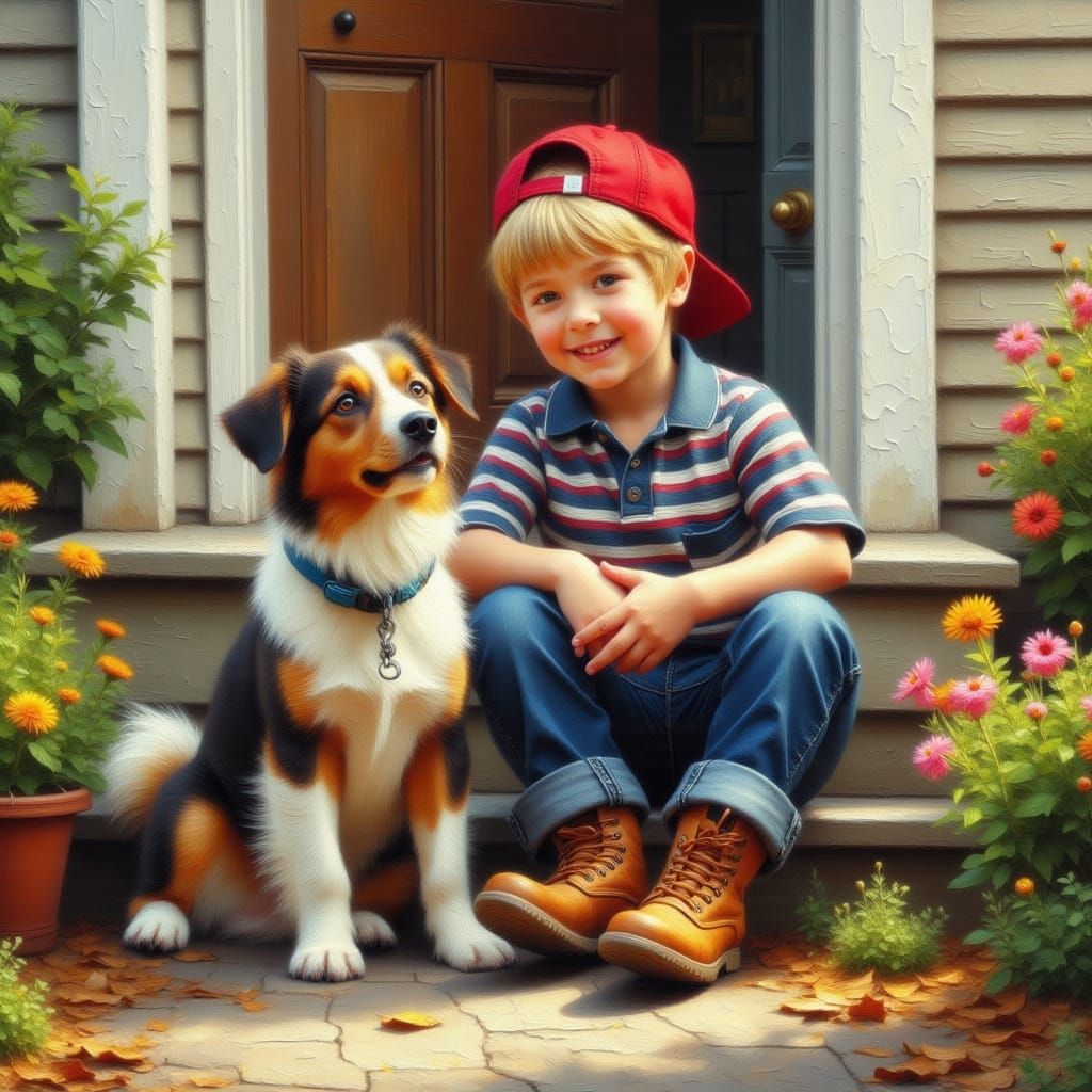 A little blond-haired boy with a backwards red cap on his he...