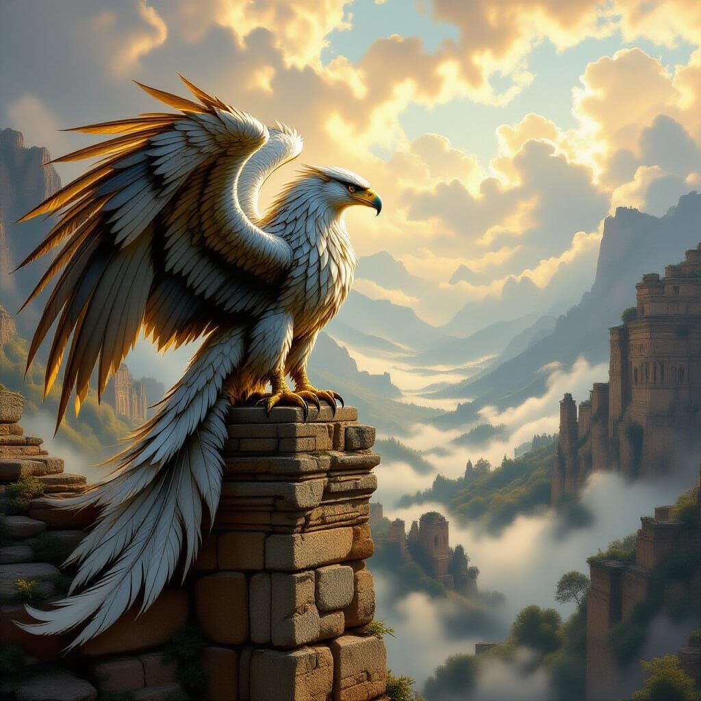 Majestic Griffin on Ancient Ruin in Misty Valley