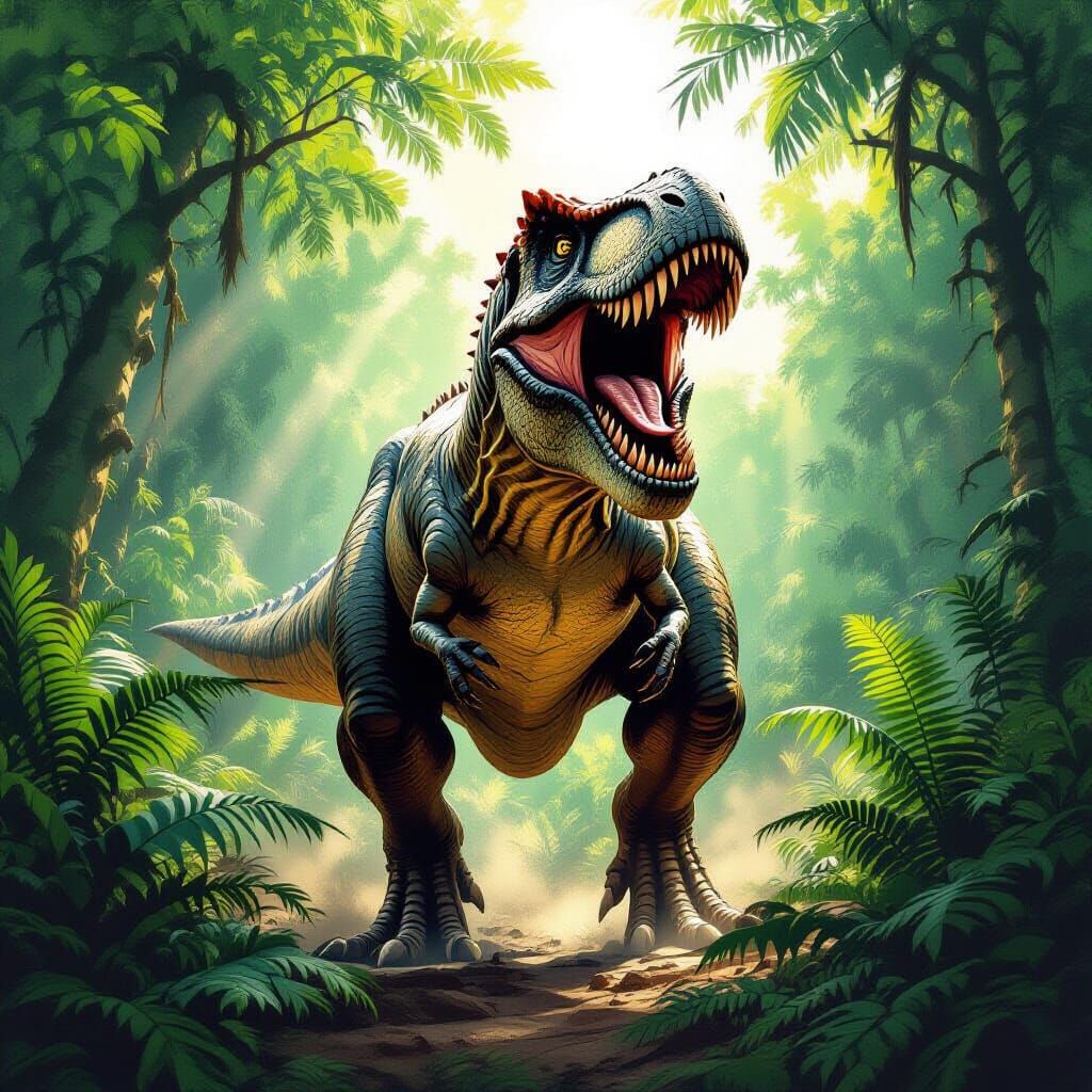 Ferocious T-Rex Roaring in Prehistoric Jungle