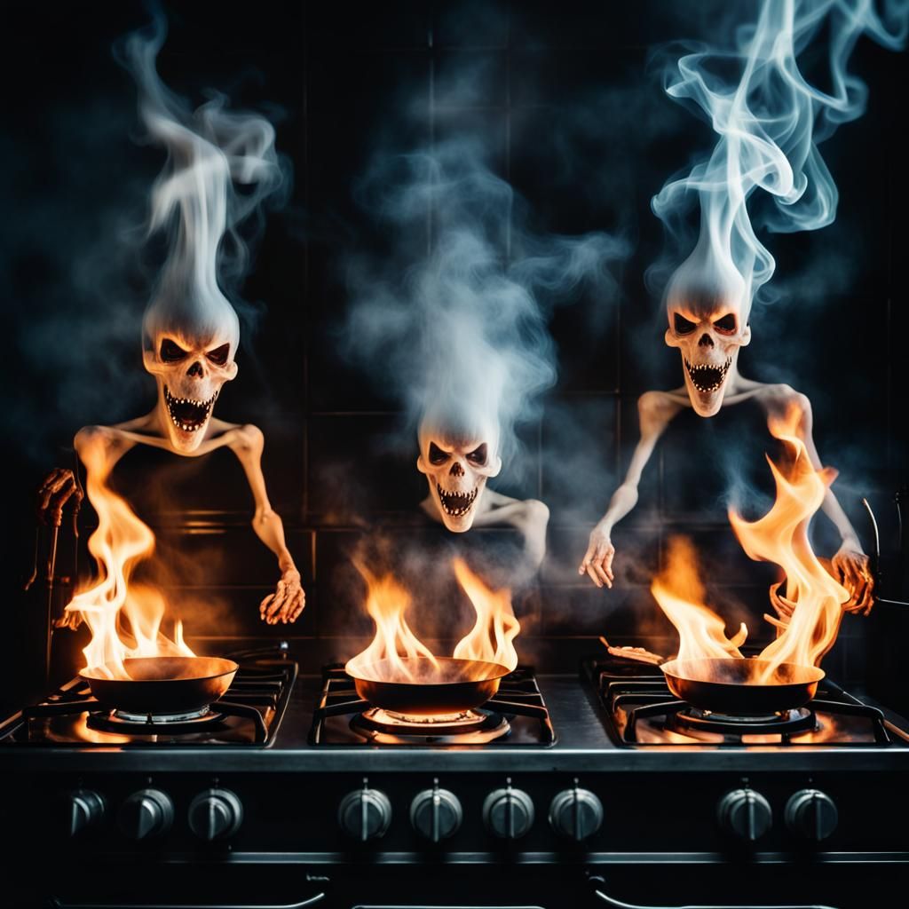 Spooky Flame-Demon Ghosts in a Dark Kitchen
