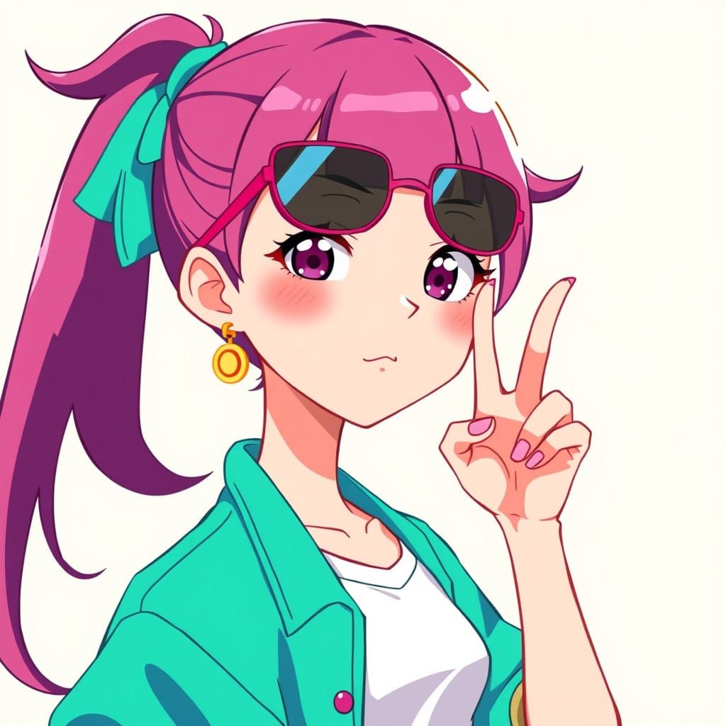 Kawaii Anime Girl Wearing Sunglasses and Making a Heart Sign