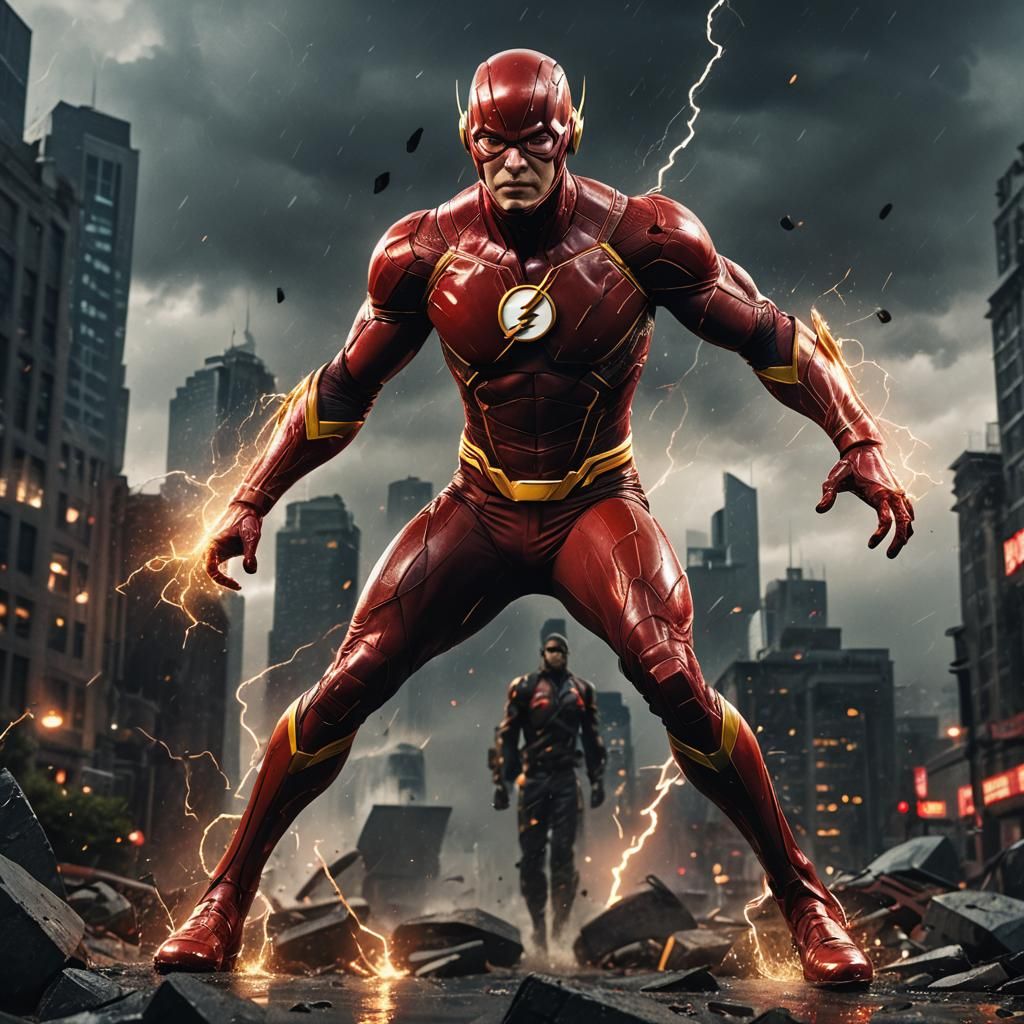 Superhero Flash DC comic, Barry Allen handsome in original Red suit no cape dark gloomy day, lighting in the background ...