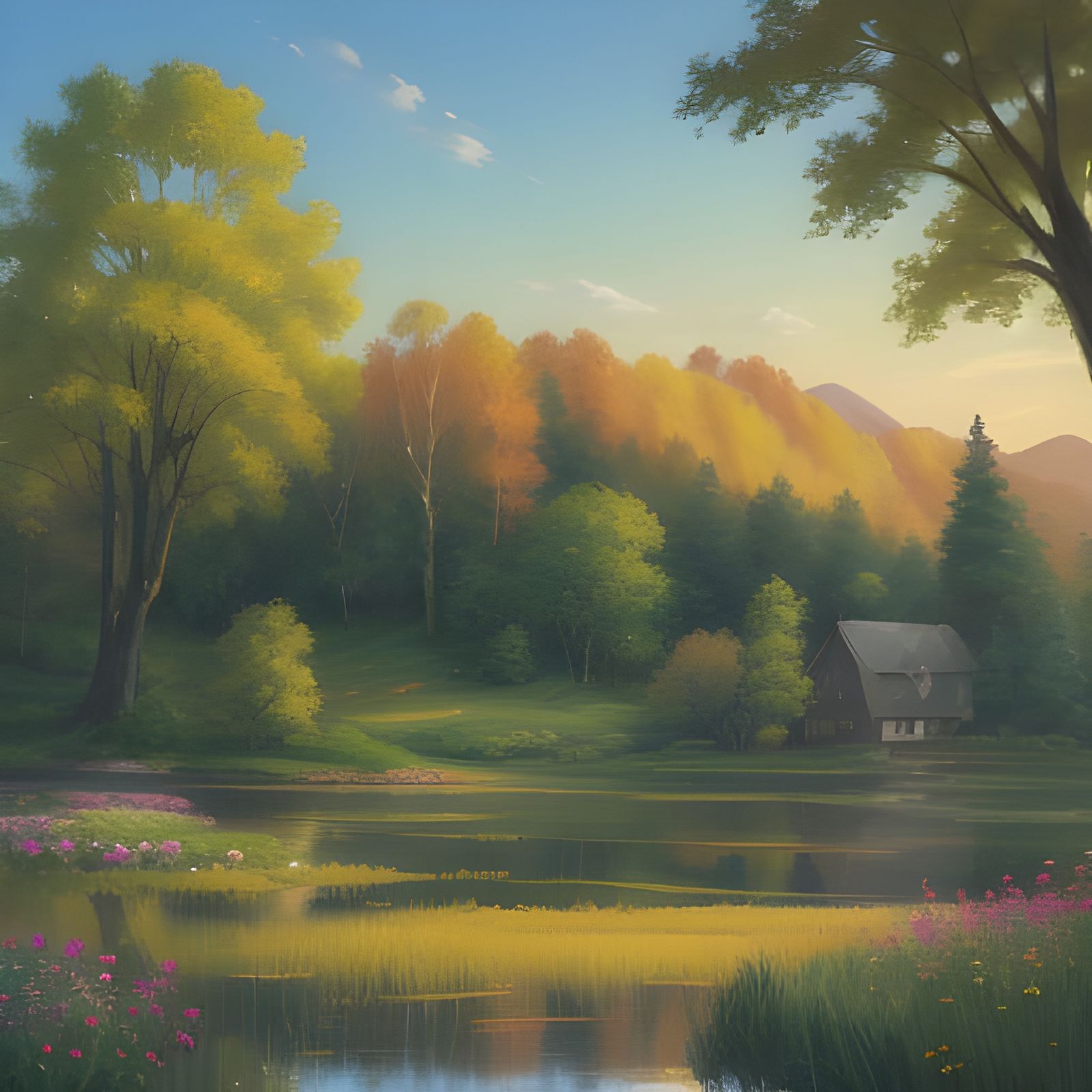 Bob Ross Style Autumn Lake Landscape with Rustic House